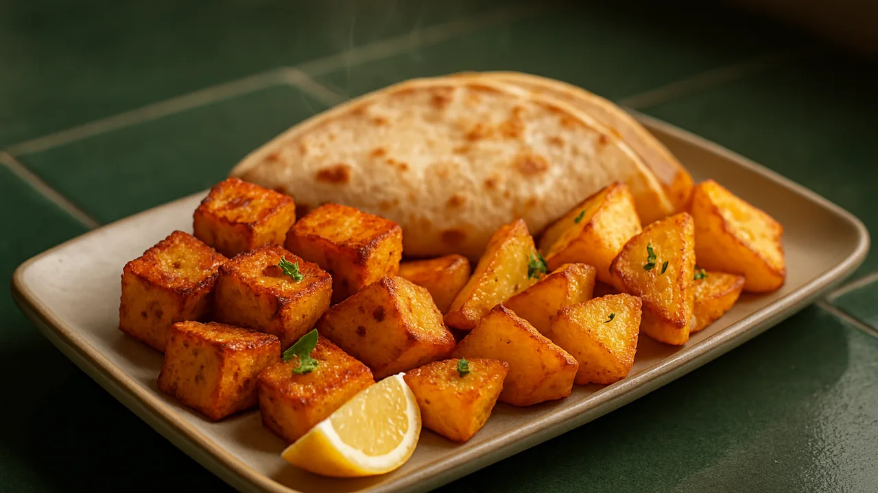 Rauchig Tofu Bowl mit Tortilla und Steckrübe aus dem Airfryer mit Tofu und Steckrübe, auf dunkelgrünen Fliesen angerichtet.