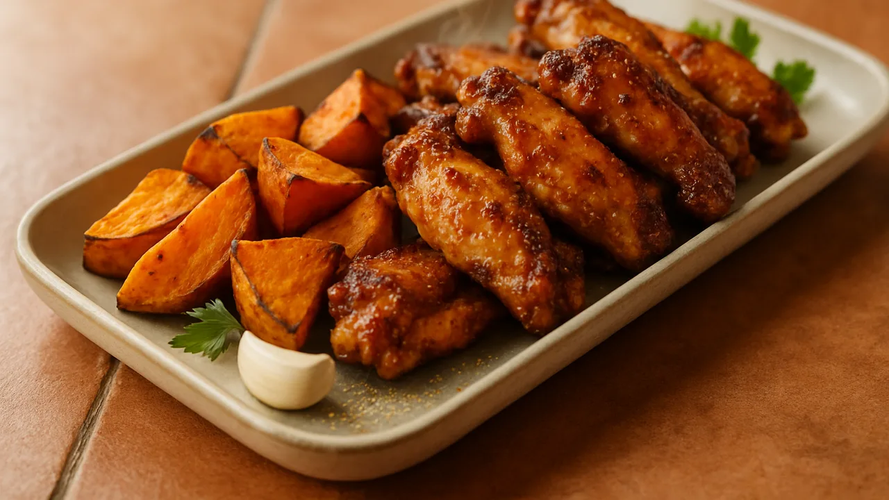 Rauchige Hähnchenflügel mit Süßkartoffel aus dem Airfryer mit Hähnchenflügel und Süßkartoffel, auf Terracotta-Fliesen …