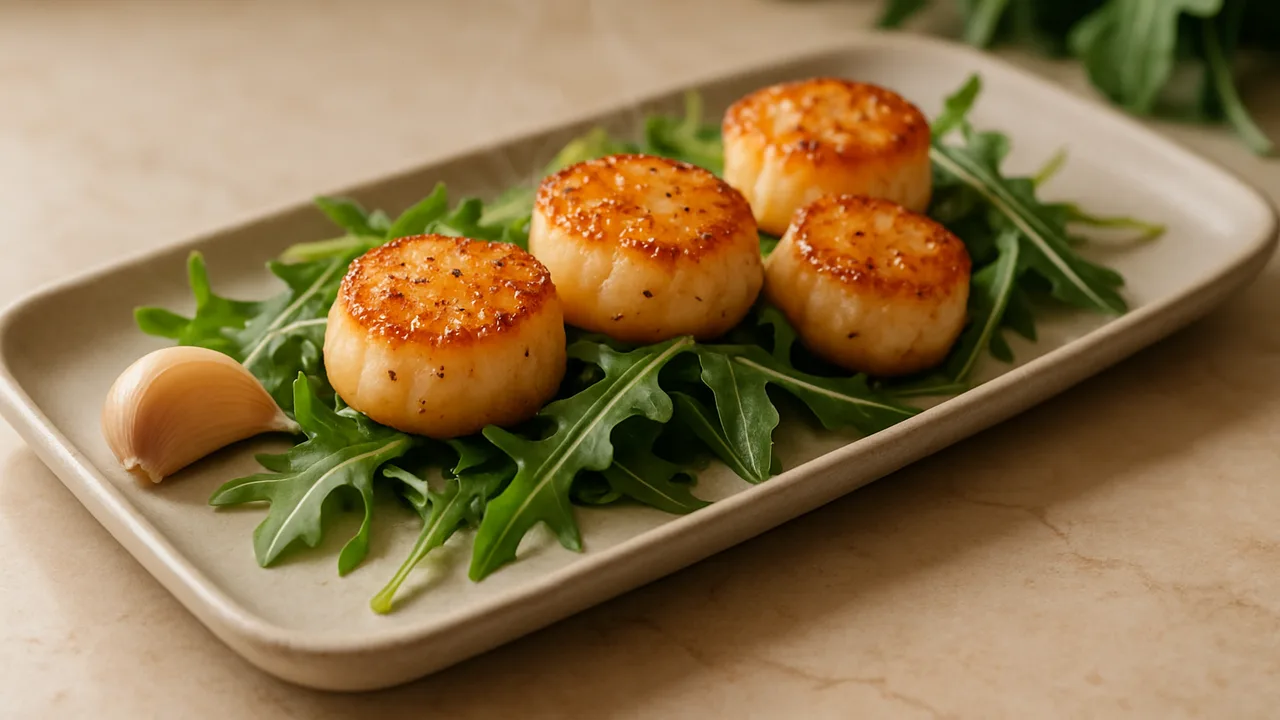 Rauchig Jakobsmuscheln-Rucola-Schale aus dem Airfryer mit Jakobsmuscheln und Knoblauchzehe, auf beigem Marmor angerichtet.