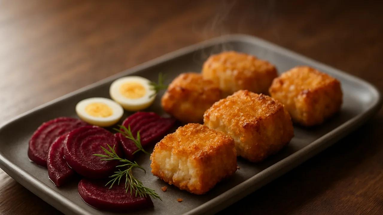 Rauchige Kabeljau Nuggets mit Rote Bete aus dem Airfryer mit Kabeljaufilet und Eier, auf dunklem Walnussholz angerichtet.