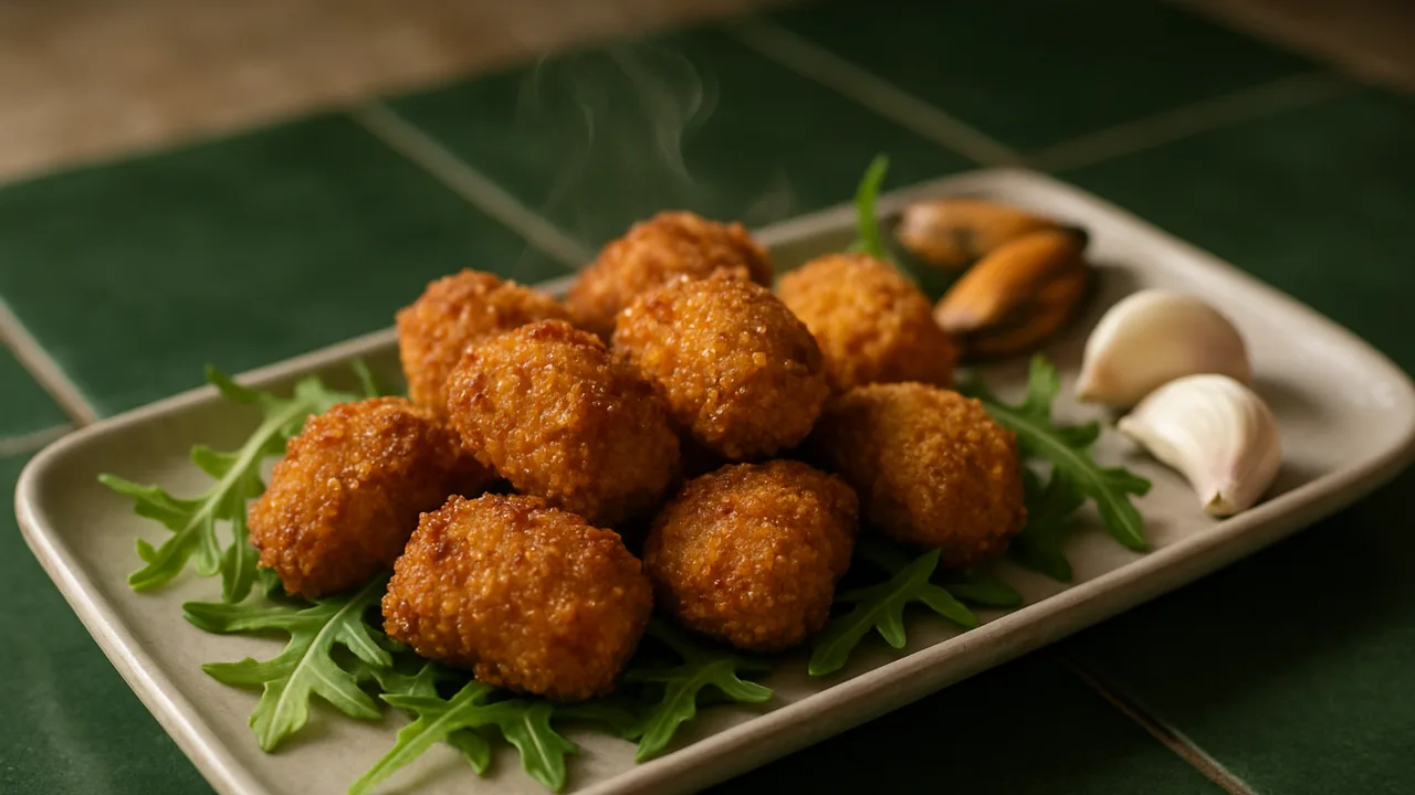 Rauchige Miesmuscheln-Nuggets mit Rucola aus dem Airfryer mit Miesmuschelfleisch und Ei, auf dunkelgrünen Fliesen …