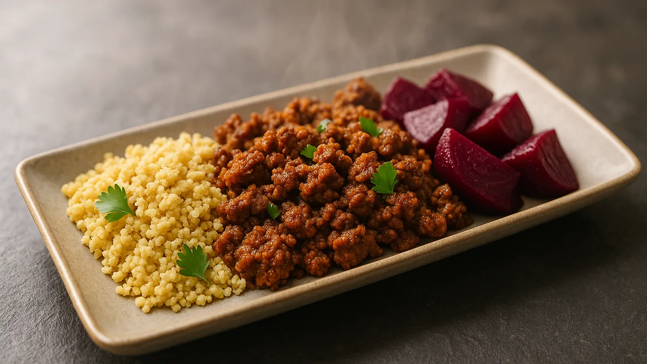 Rauchig-orientalische Rinderhack-Bowl mit Hirse und Rote Bete aus dem Airfryer mit Rinderhackfleisch und Rote Bete, auf …