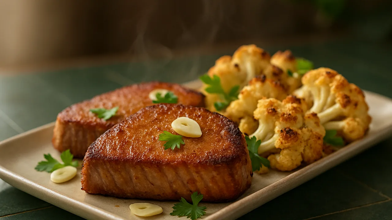 Rauchig Thunfisch mit Blumenkohl aus dem Airfryer mit Thunfischsteaks und Blumenkohl, auf dunkelgrünen Fliesen angerichtet.