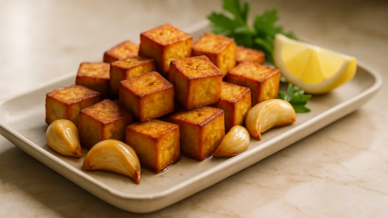 Rauchiger Tofu mit Knoblauch aus dem Airfryer mit Tofu und Knoblauchzehen, auf beigem Marmor angerichtet.