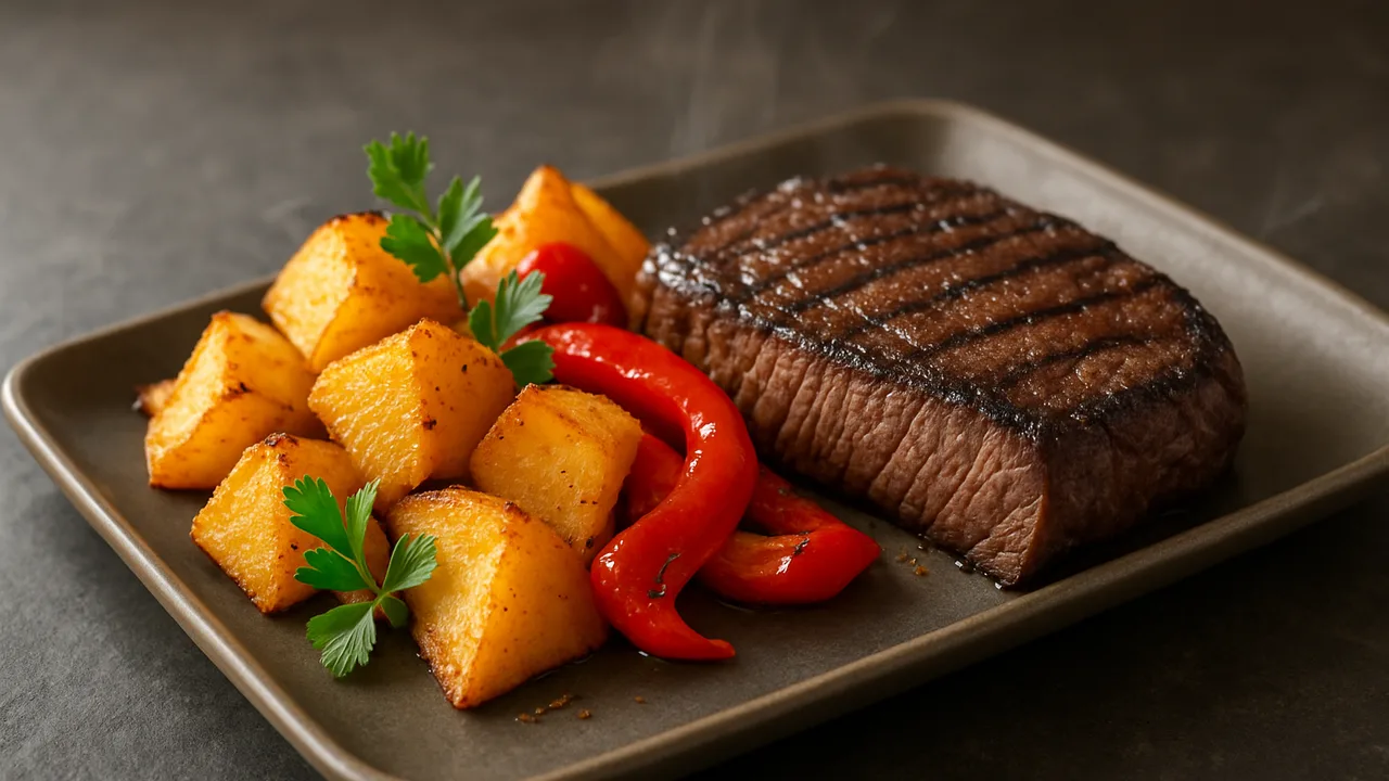 Rauchig Rumpsteak-Steckrübe-Schale aus dem Airfryer mit Rumpsteak und Steckrübe, auf dunklem Schiefer angerichtet.