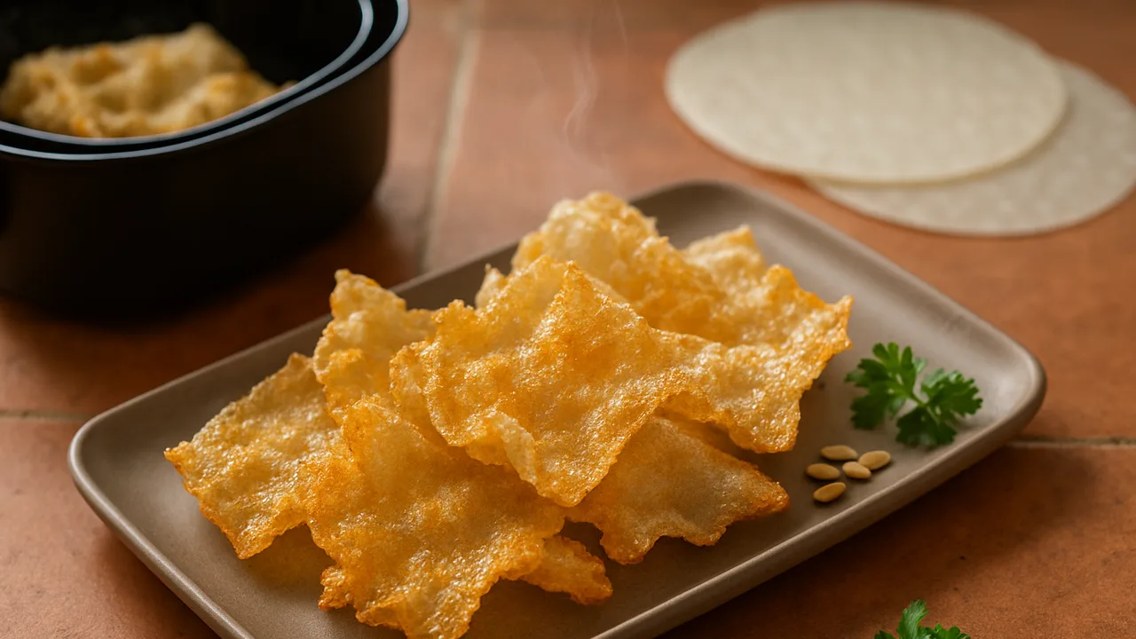 Reispapier-Chips knusprig aus dem Airfryer mit Reispapierblätter und Sonnenblumenöl, auf Terracotta-Fliesen angerichtet.