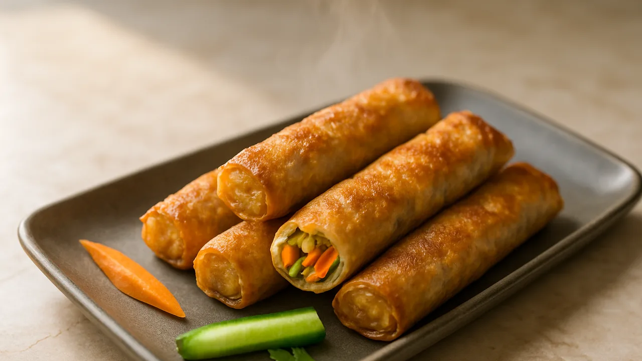 Reispapier-Rolls mit Gemüse gebacken aus dem Airfryer mit Reispapierblätter und Karotte, auf beigem Marmor angerichtet.