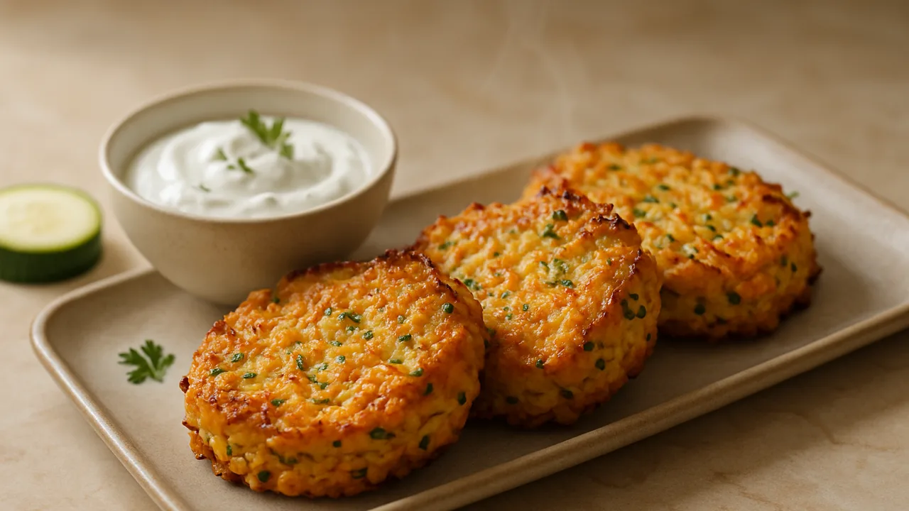 Reispuffer mit Gemüse und Joghurt-Dip aus dem Airfryer mit Reis und Zucchini, auf beigem Marmor angerichtet.