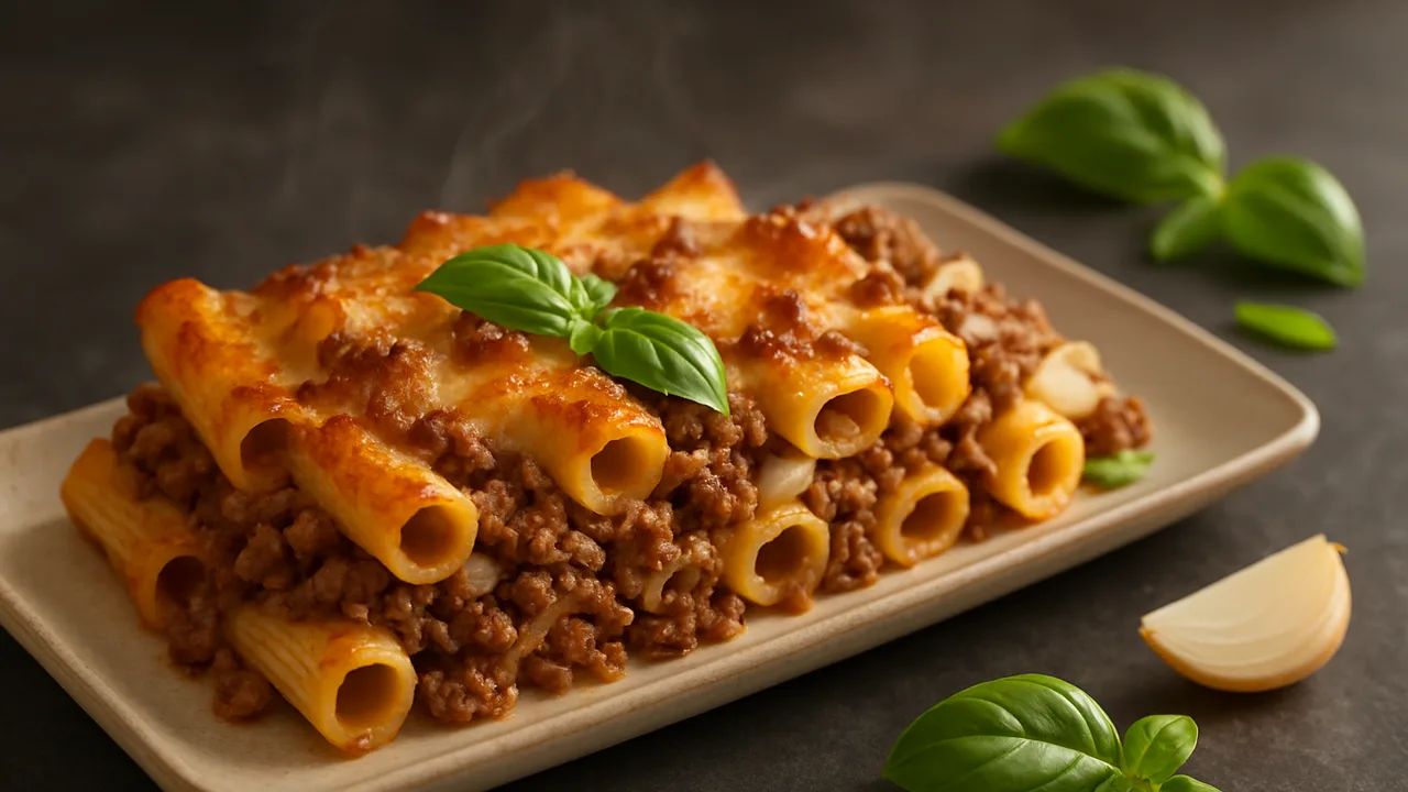 Rigatoni-Auflauf mit Hackfleisch und Basilikum aus dem Airfryer mit Rigatoni und gemischtes Hackfleisch, auf dunklem …