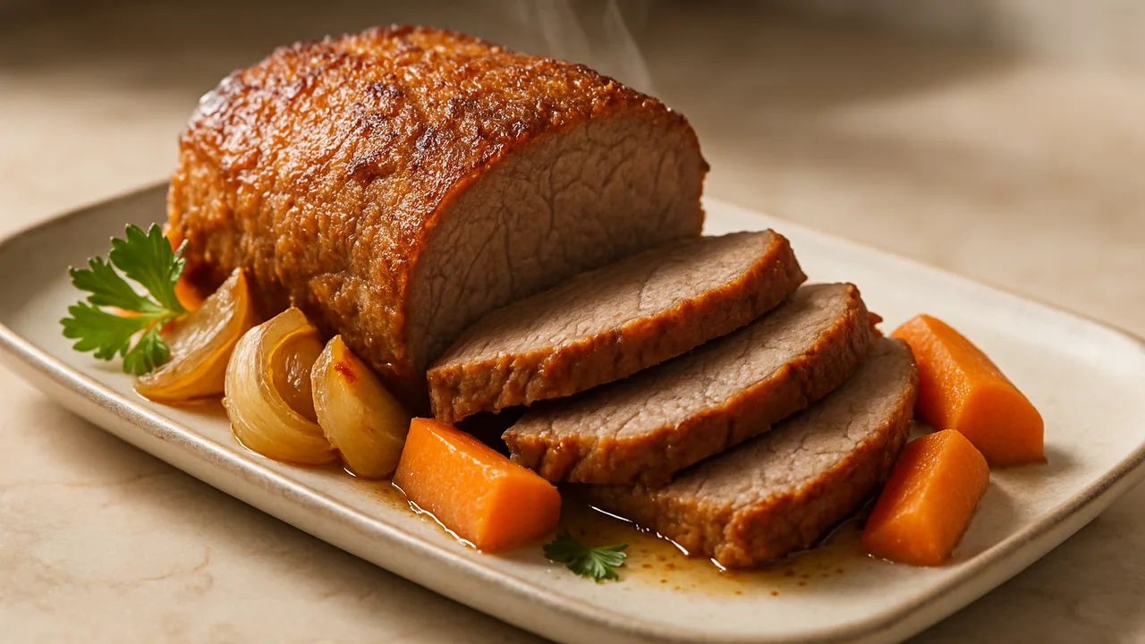 Rinderbraten zart geschmort im Airfryer mit Rinderbraten (Schulter oder Hüfte) und Zwiebeln, auf beigem Marmor angerichtet.