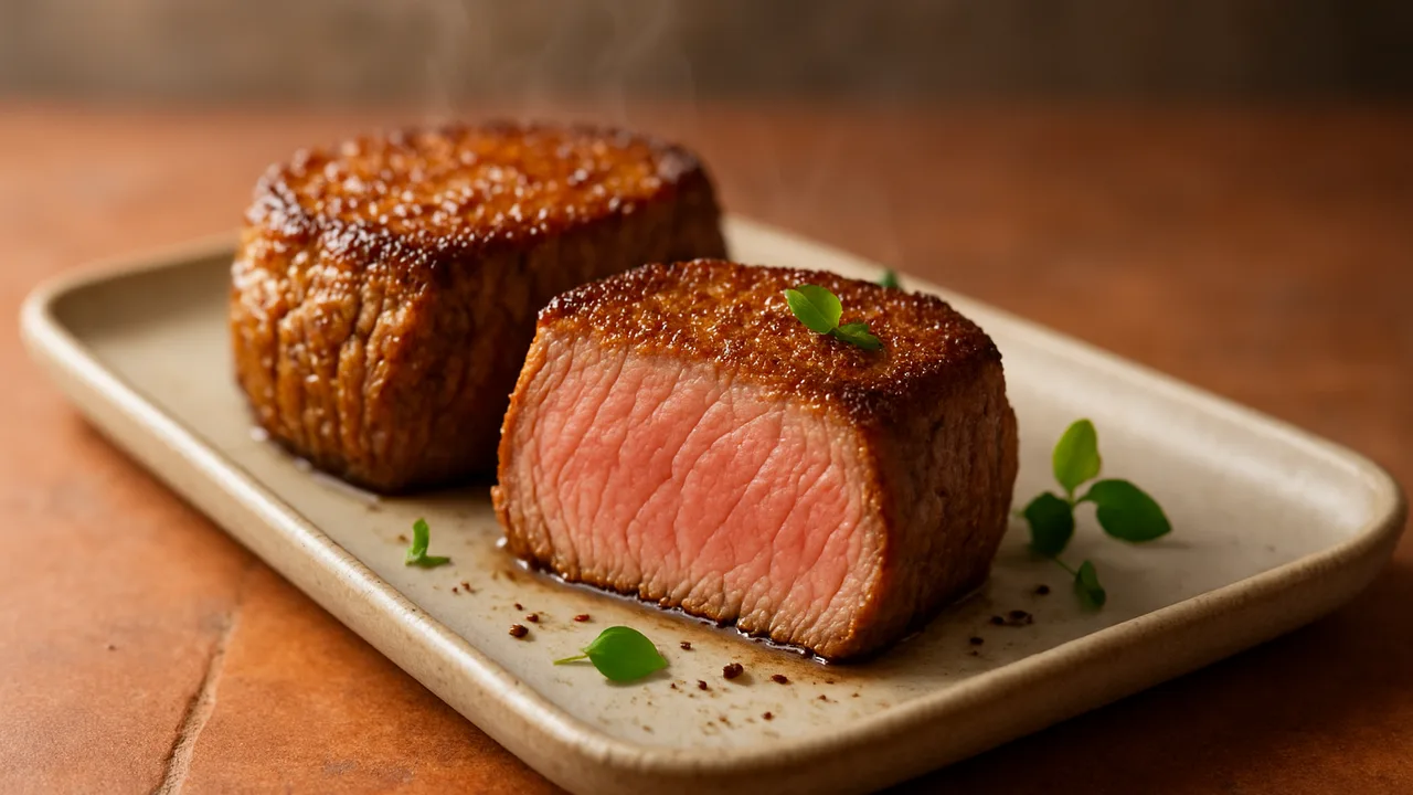 Rinderfilet im Airfryer – rosa gebraten mit Rinderfilet-Steaks, auf Terracotta-Fliesen angerichtet.
