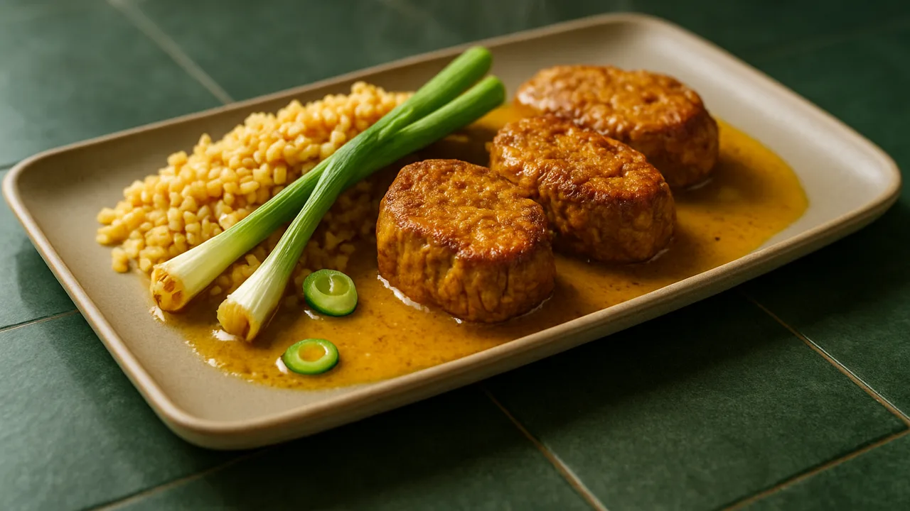 Rinderfilet Curry mit Frühlingszwiebel und Bulgur aus dem Airfryer mit Rinderfilet und Frühlingszwiebel, auf dunkelgrünen …