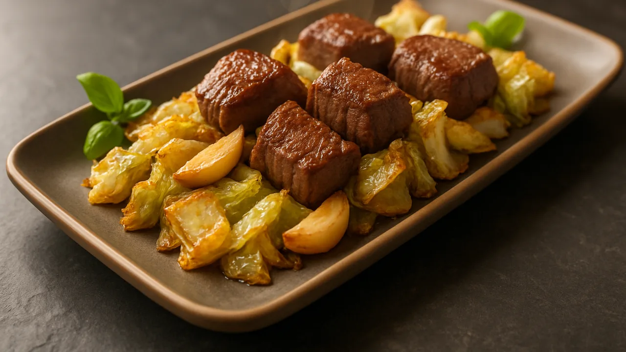 Rinderfilet-Eisbergsalat-Pfanne aus dem Airfryer mit Rinderfilet und Knoblauchzehen, auf dunklem Schiefer angerichtet.