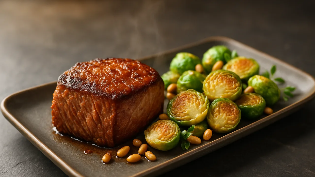 Buntes Rinderfilet mit Rosenkohl und Pinienkernen aus dem Airfryer mit Rinderfilet und Rosenkohl, auf dunklem Schiefer …