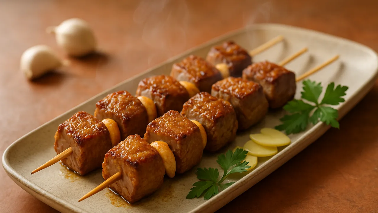 Rinderfilet-Spieße mit Knoblauch aus dem Airfryer mit Rinderfilet und Knoblauchzehen, auf Terracotta-Fliesen angerichtet.