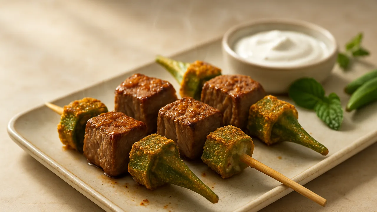 Rinderfilet-Spieße mit Okra aus dem Airfryer mit Rinderfilet und Okra, auf beigem Marmor angerichtet.