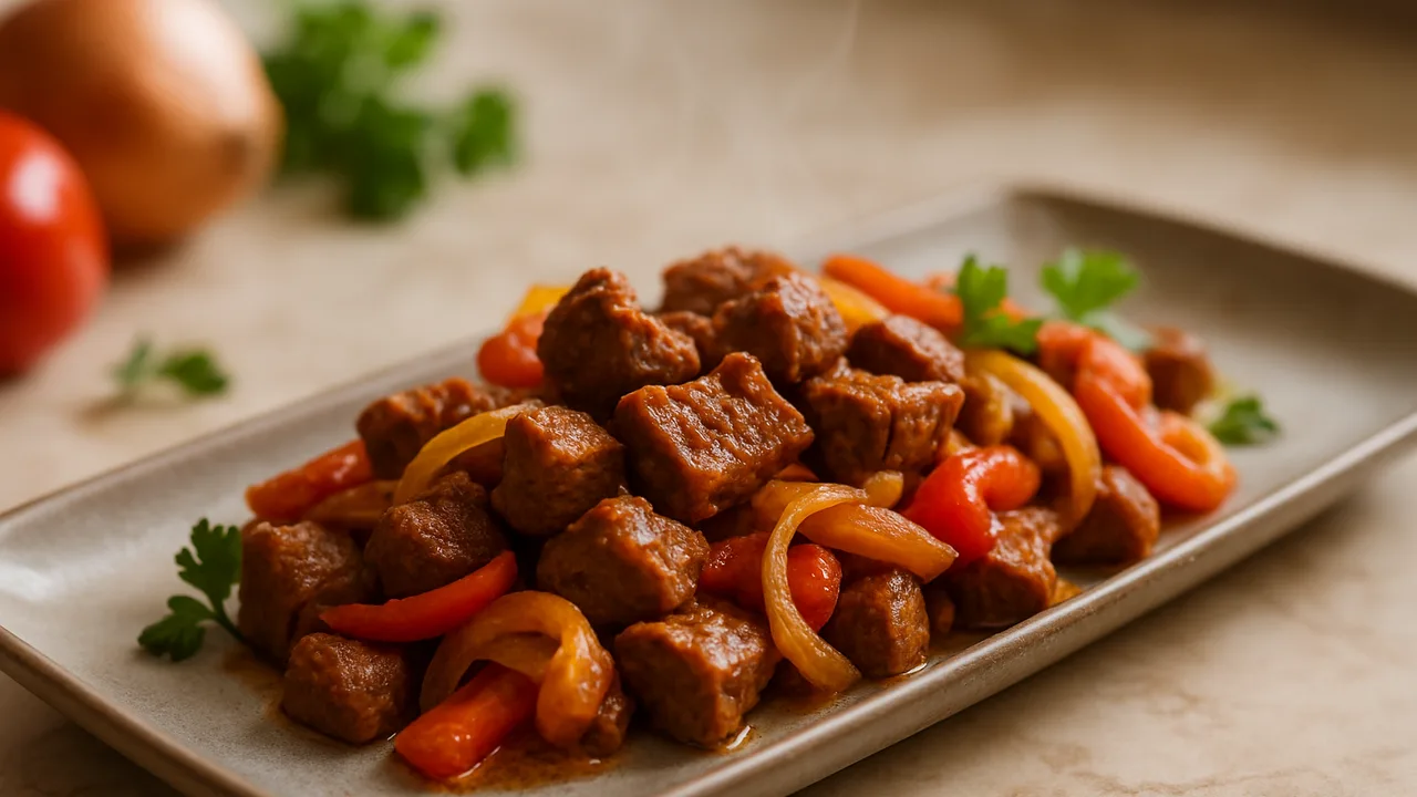 Rindergulasch mit Paprika aus dem Airfryer mit Rindergulasch und Paprika, auf beigem Marmor angerichtet.
