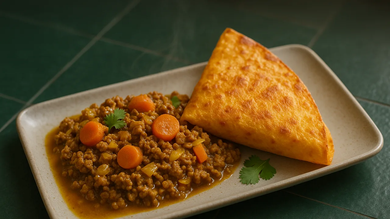 Rinderhackfleisch Curry mit Karotte und Tortilla aus dem Airfryer mit Rinderhackfleisch und Karotte, auf dunkelgrünen …