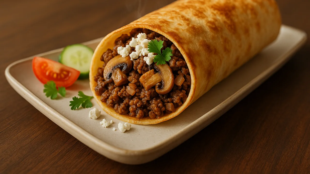Rinderhackfleisch-Champignons Wrap griechische Art aus dem Airfryer mit Rinderhack und Champignons, auf dunklem Walnussholz …