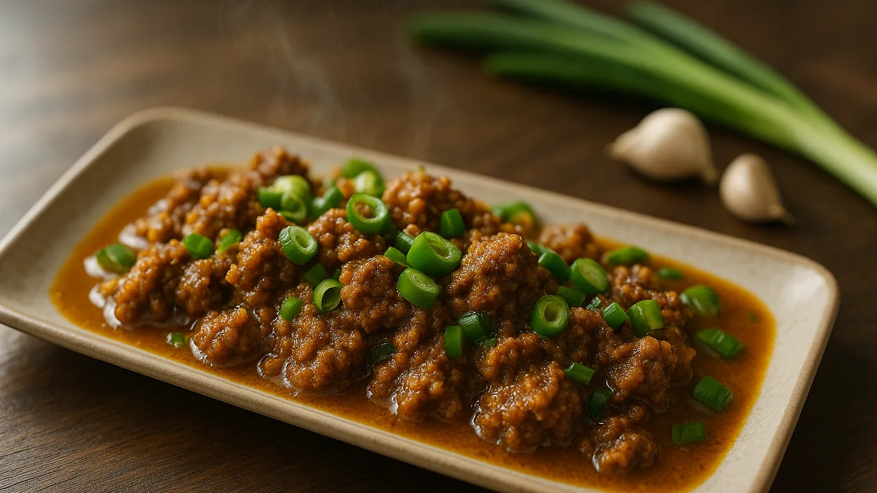 Rinderhackfleisch Curry mit Frühlingszwiebel aus dem Airfryer mit Rinderhackfleisch und Frühlingszwiebeln, auf dunklem …
