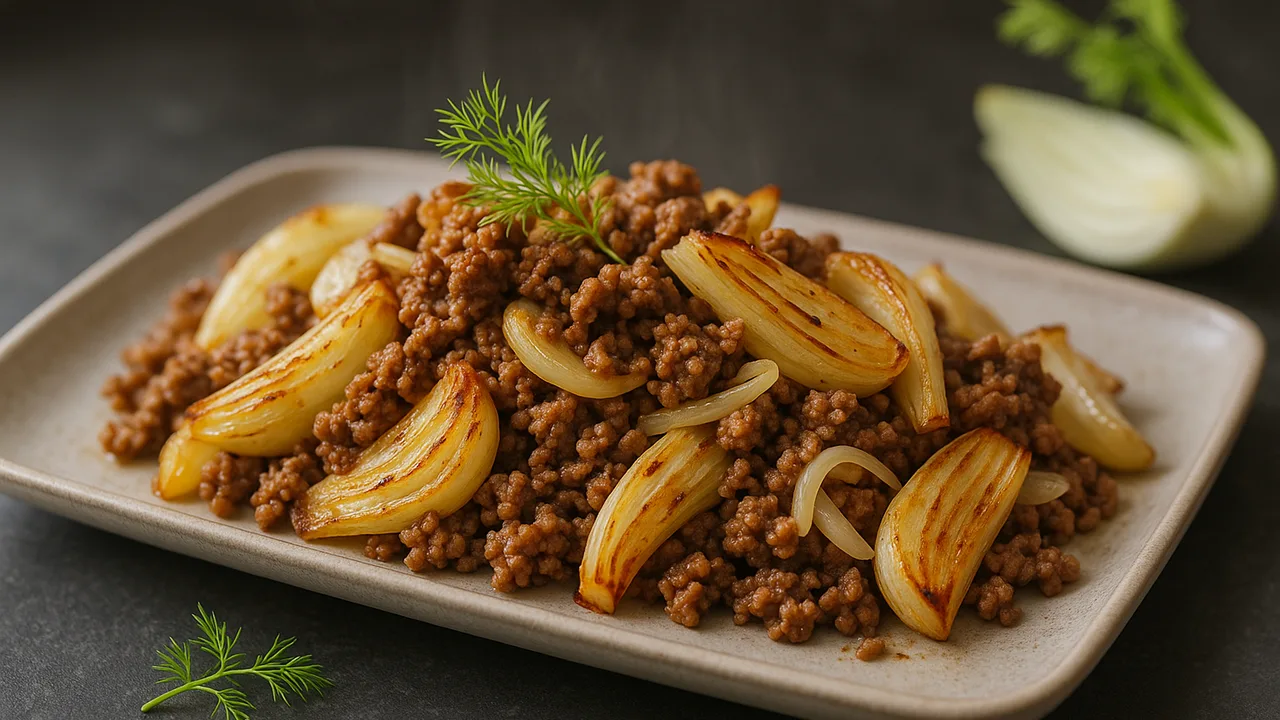 Rinderhackfleisch-Fenchel-Pfanne aus dem Airfryer mit Rinderhackfleisch und Fenchelknollen, auf dunklem Schiefer angerichtet.
