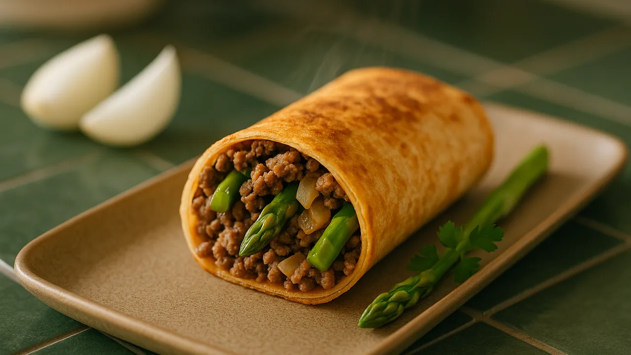 Rinderhackfleisch-Spargel Wrap aus dem Airfryer mit Rinderhackfleisch und grüner Spargel, auf dunkelgrünen Fliesen …
