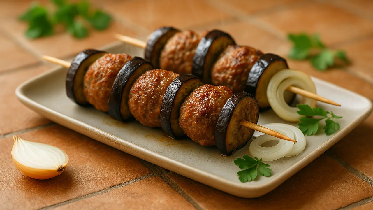 Rinderhackfleisch-Spieße mit Aubergine aus dem Airfryer mit Rinderhackfleisch und Aubergine, auf Terracotta-Fliesen …