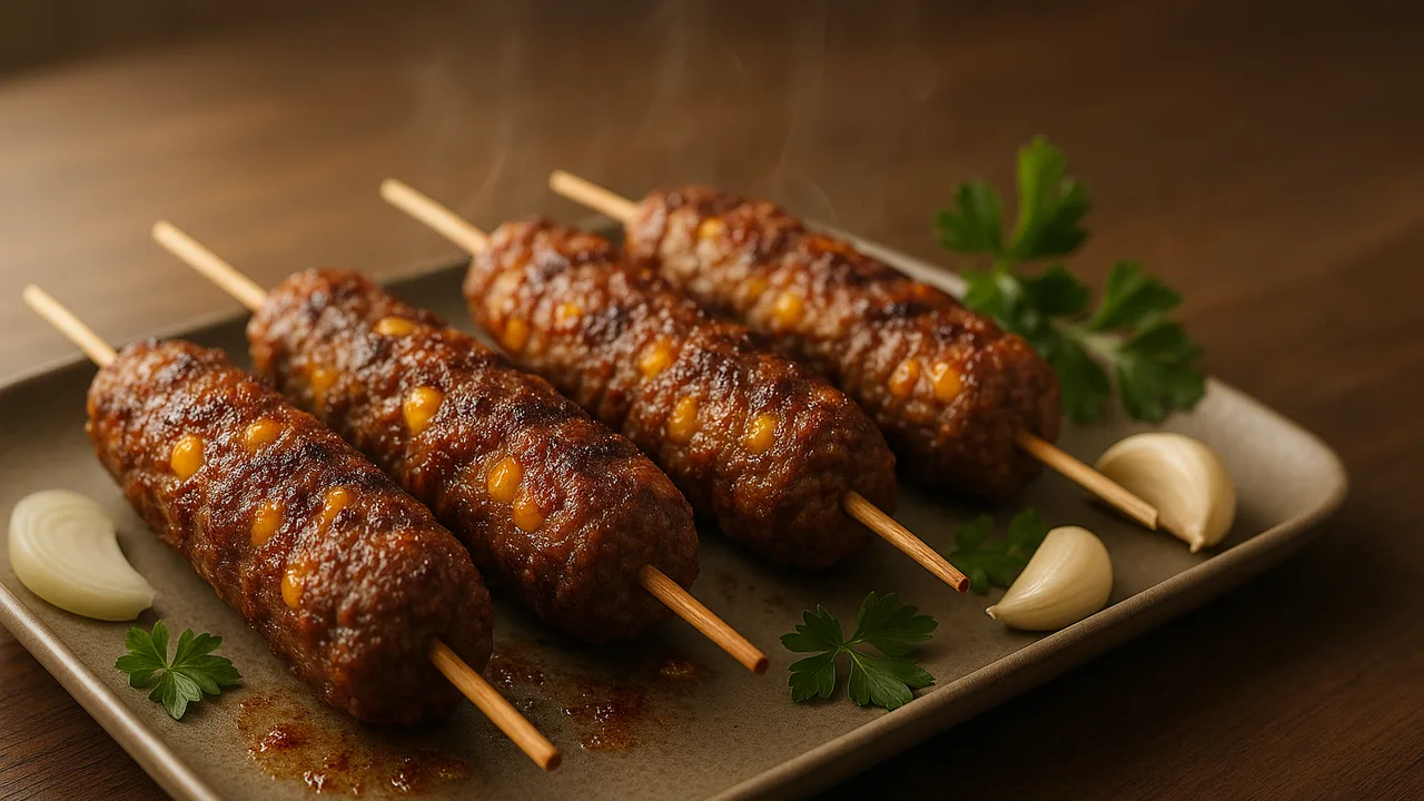 Rinderhackfleisch-Spieße mit Mais (BBQ-Style) aus dem Airfryer mit Rinderhackfleisch und Zwiebel, auf dunklem Walnussholz …