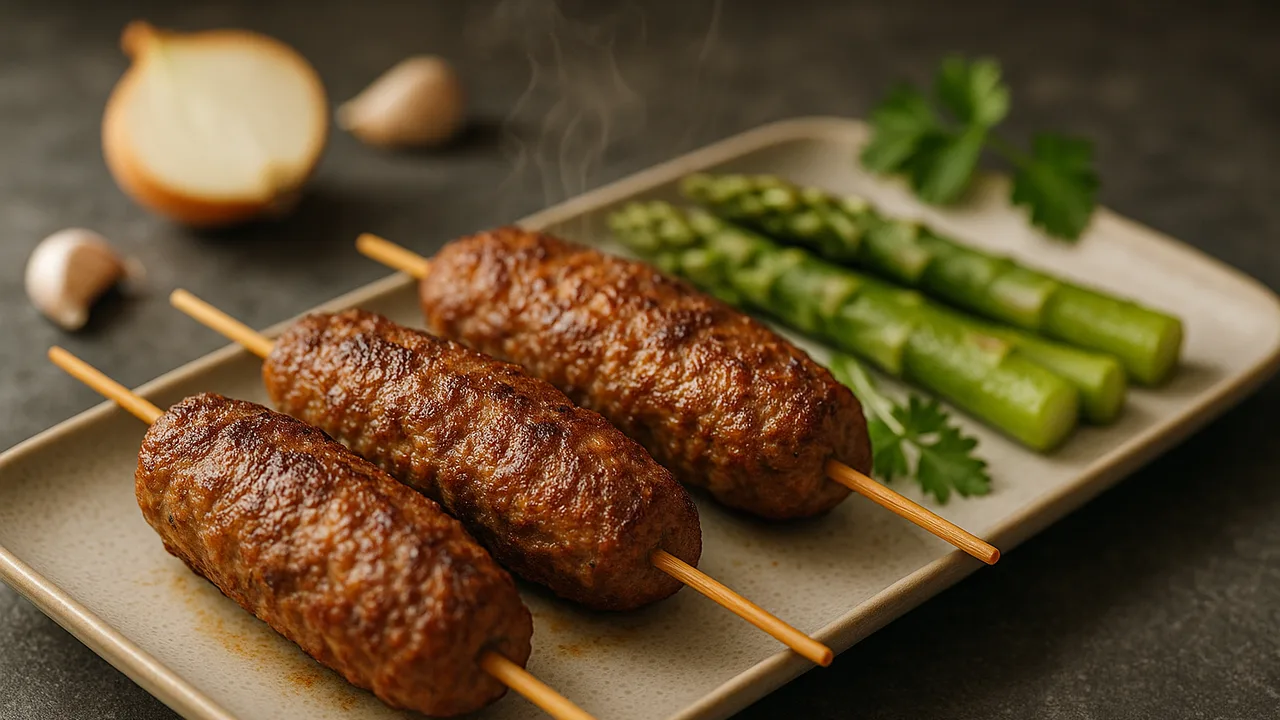 Rinderhackfleisch-Spieße mit Spargel aus dem Airfryer mit Rinderhackfleisch und Zwiebel, auf dunklem Schiefer angerichtet.