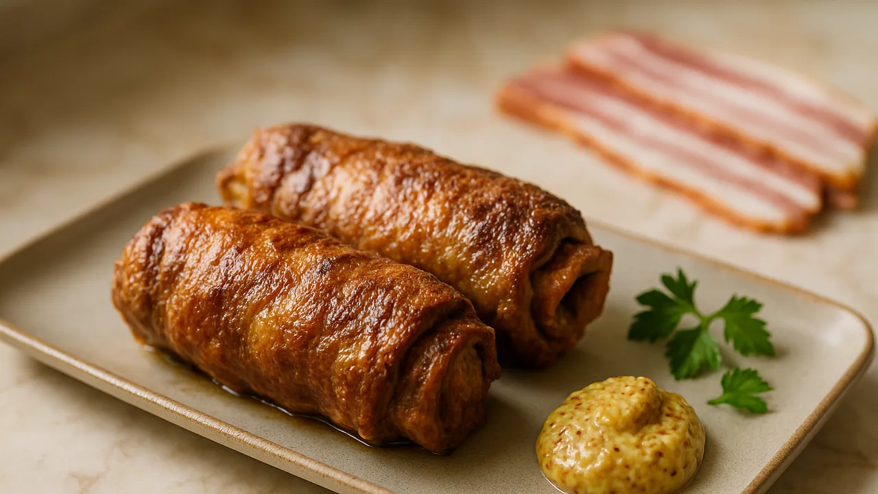 Rinderrouladen aus dem Airfryer mit Senf und Speck mit Rinderrouladen und Senf, auf beigem Marmor angerichtet.