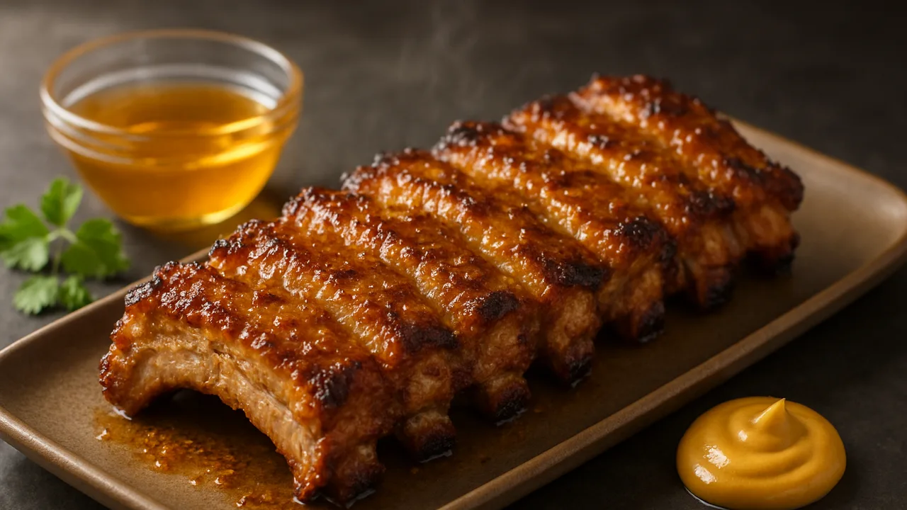 Rippchen mit Honig-Senf-Glasur aus dem Airfryer mit Schweinerippchen (Spareribs) und Honig, auf dunklem Schiefer angerichtet.