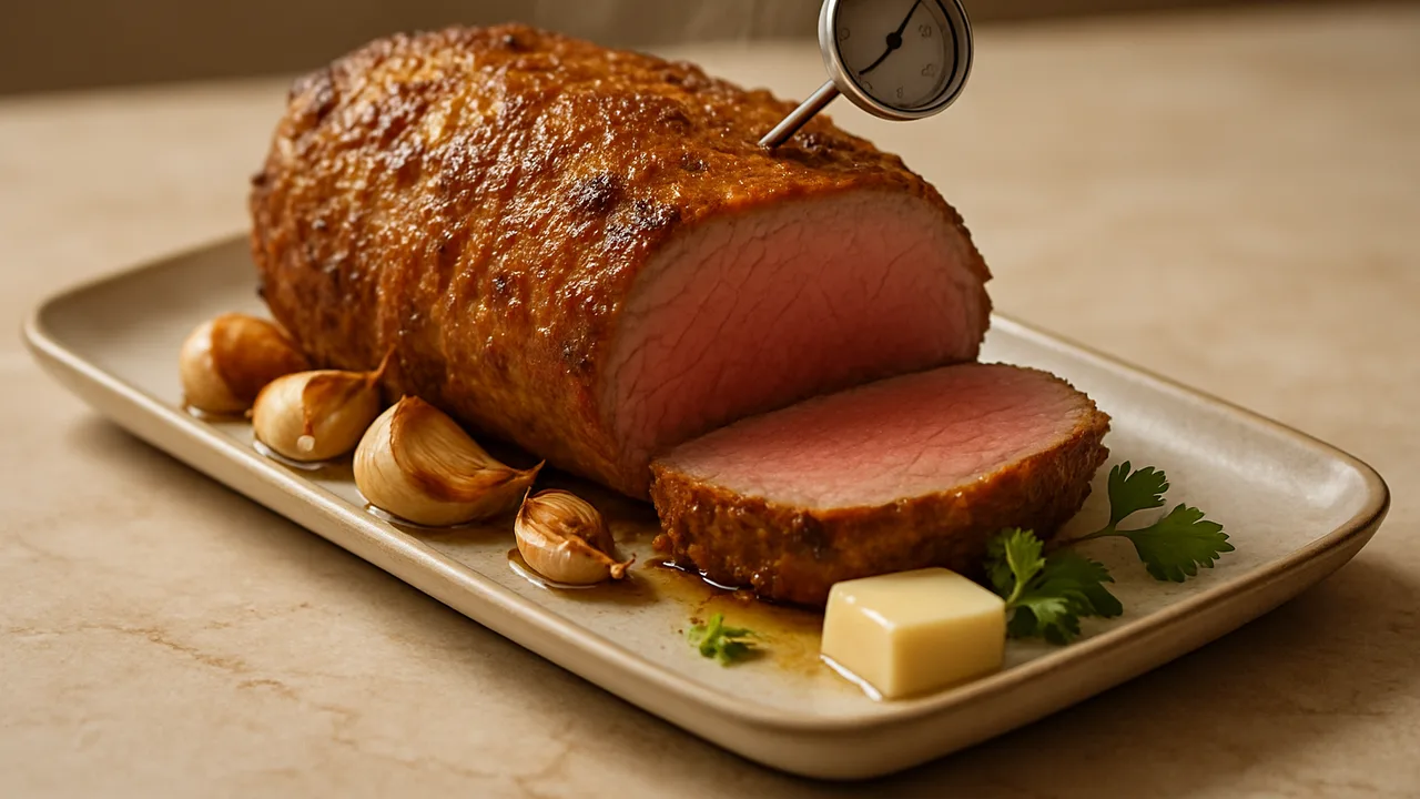 Roastbeef im Airfryer – rosa gegart mit Kerntemperatur mit Roastbeef und Knoblauchzehen, auf beigem Marmor angerichtet.