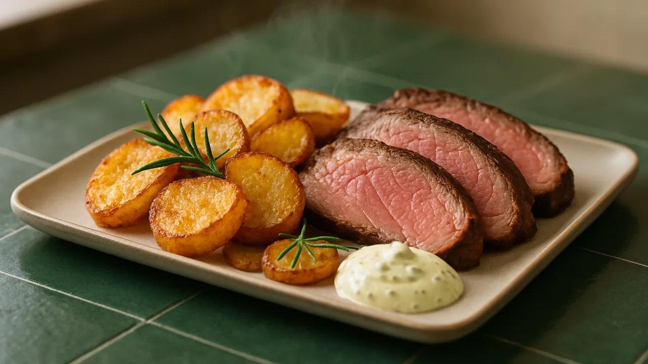 Roastbeef mit Bratkartoffeln und Remoulade aus dem Airfryer mit Roastbeef und Kartoffeln, auf dunkelgrünen Fliesen …