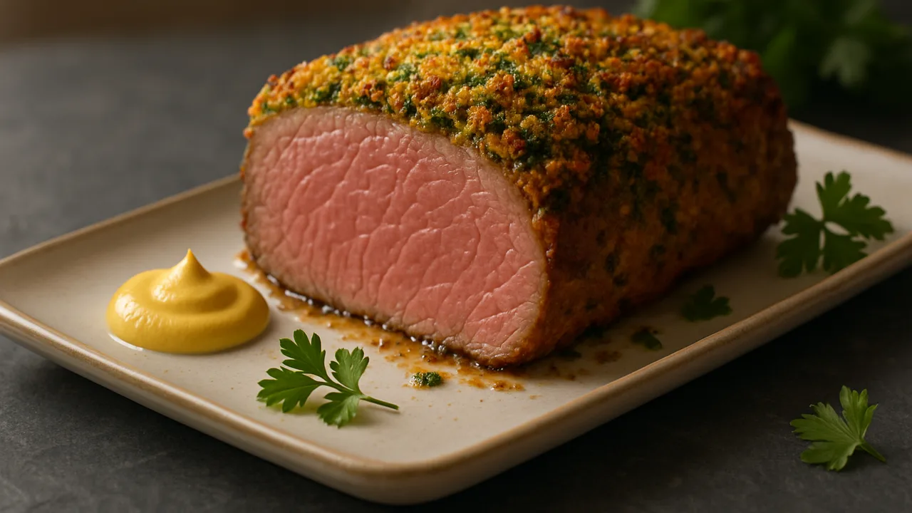Roastbeef mit Senf-Kräuter-Kruste aus dem Airfryer mit Roastbeef am Stück und Senf, auf dunklem Schiefer angerichtet.
