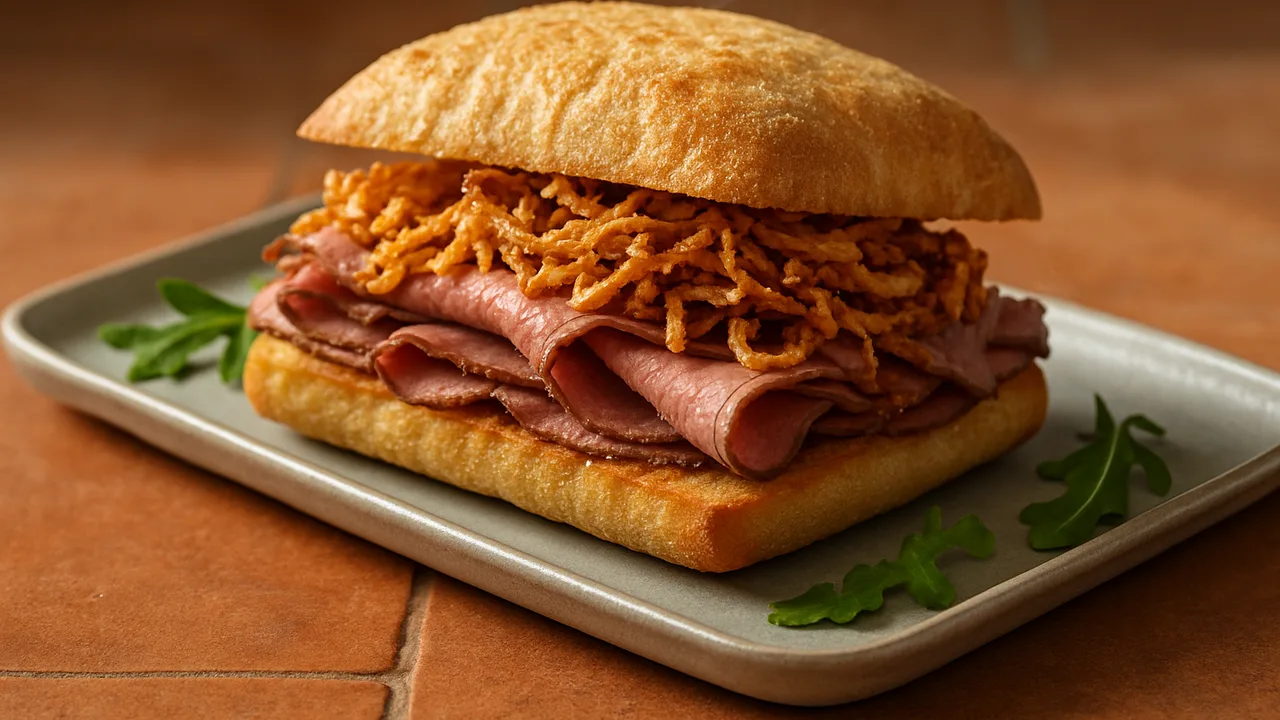 Roastbeef-Sandwich mit Röstzwiebeln auf Ciabatta aus dem Airfryer mit Ciabatta-Brötchen und Roastbeef, dünn aufgeschnitten, …