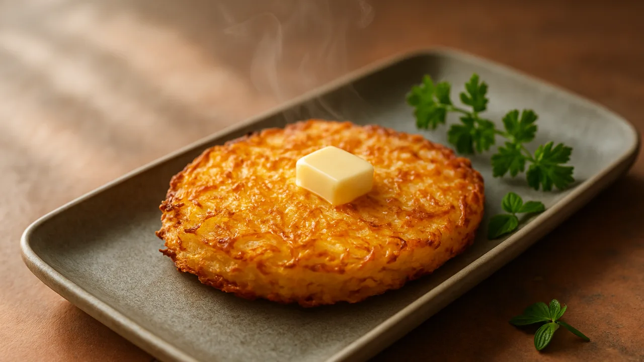 Rösti aus dem Airfryer mit Rösti (fertig, z.B. tiefgekühlt) und Butter, auf Terracotta-Fliesen angerichtet.