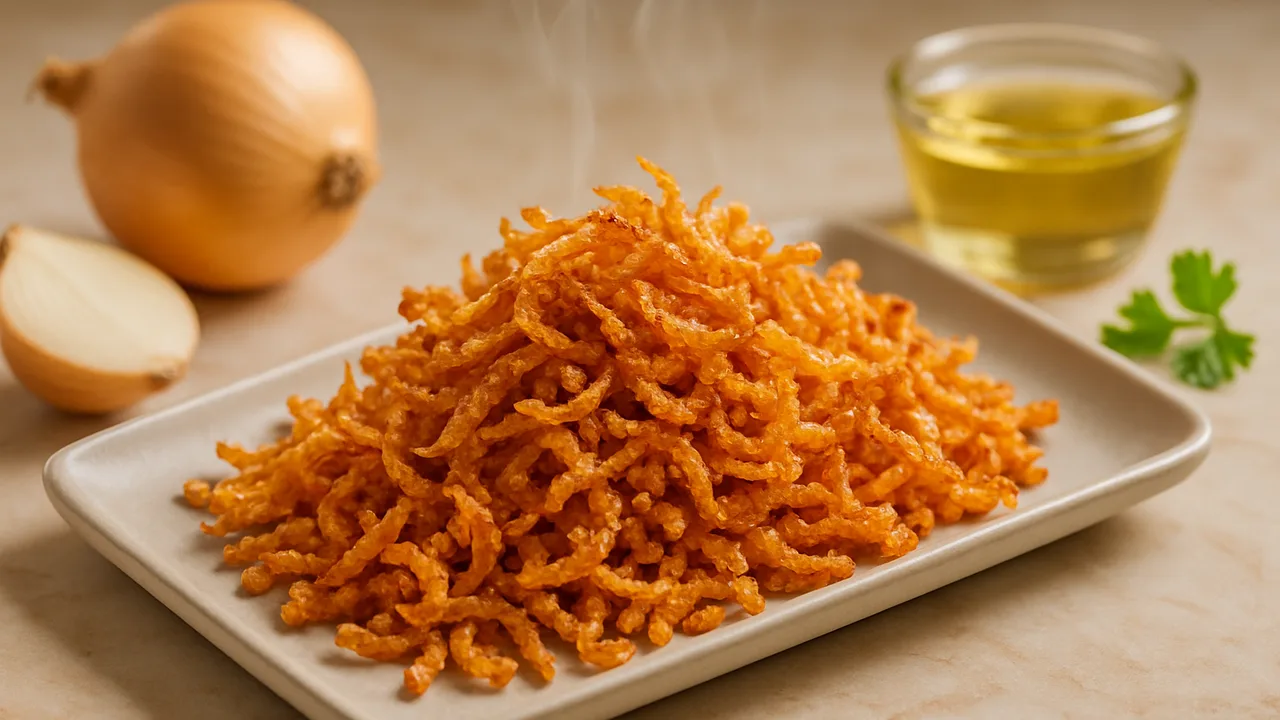 Röstzwiebeln selber machen im Airfryer mit Zwiebeln und Sonnenblumenöl, auf beigem Marmor angerichtet.