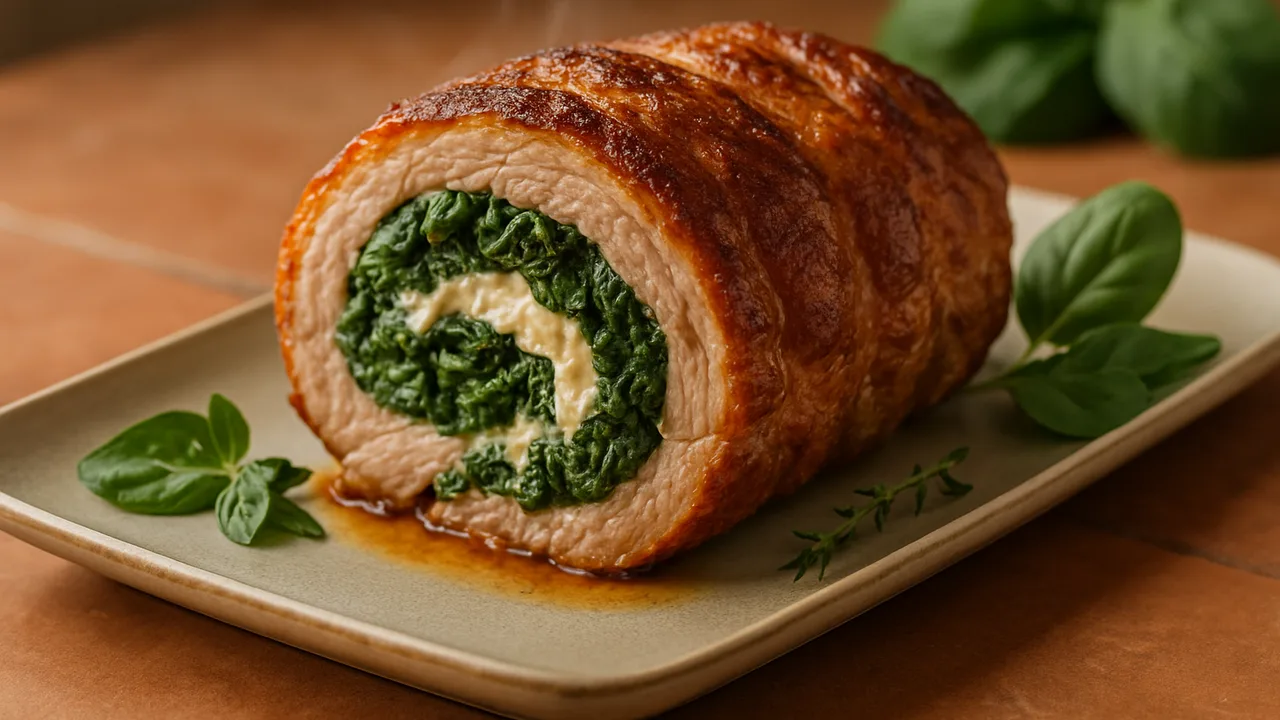 Rollbraten gefüllt mit Spinat und Frischkäse aus dem Airfryer mit Schweinenacken, flach aufgeschnitten und Blattspinat, auf …