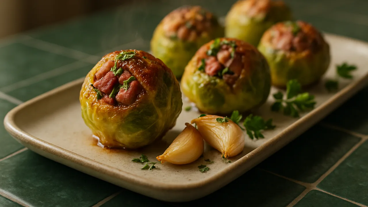 Rosenkohl gefüllt mit Entenbrust und Kräutern aus dem Airfryer mit Entenbrust und Rosenkohl, auf dunkelgrünen Fliesen …