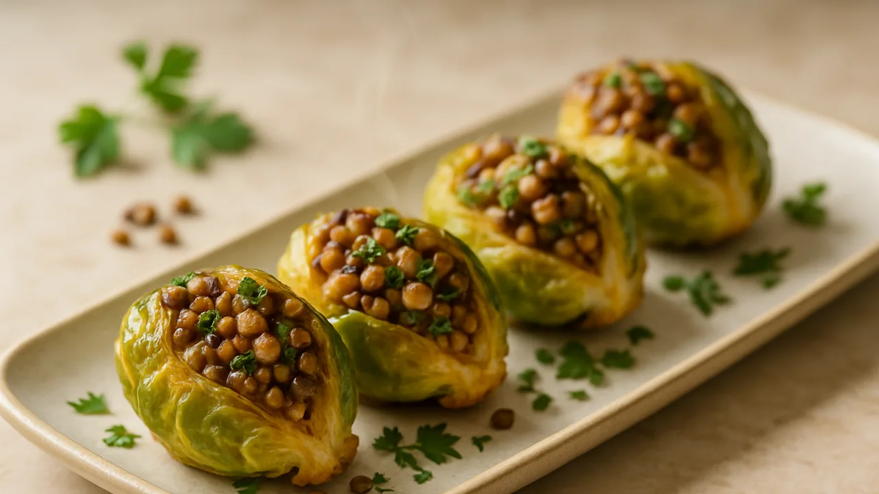 Rosenkohl gefüllt mit Linsen und Kräutern aus dem Airfryer mit Rosenkohl und Linsen, auf beigem Marmor angerichtet.