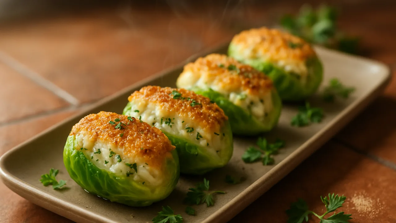 Rosenkohl gefüllt mit Scholle und Kräutern aus dem Airfryer mit Rosenkohl und Schollenfilet, auf Terracotta-Fliesen …