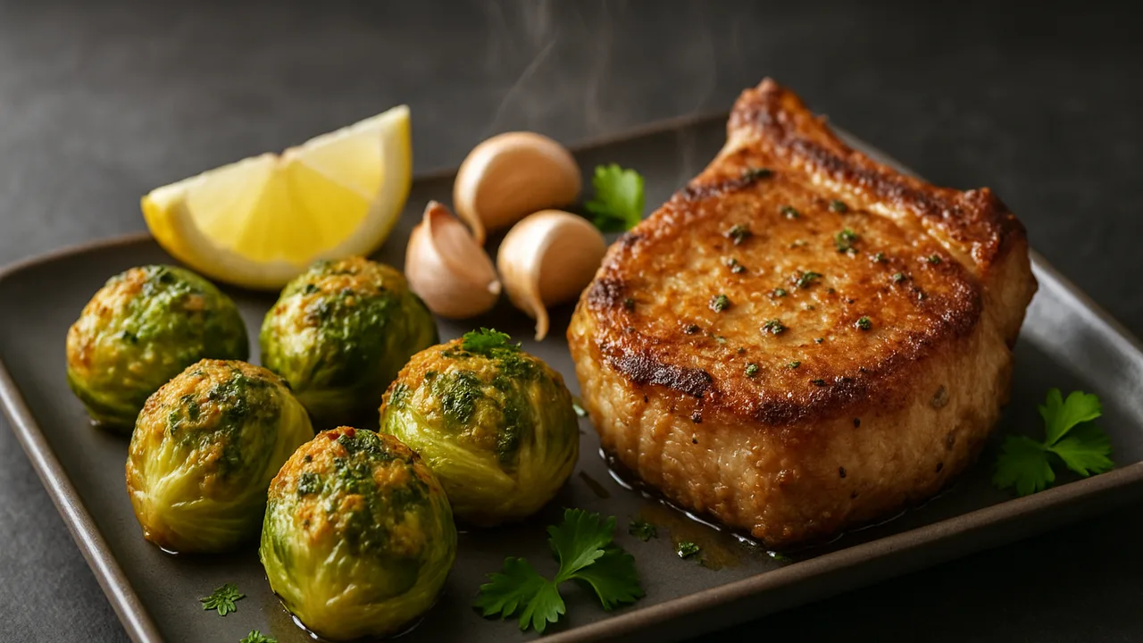 Rosenkohl gefüllt mit Schweinekotelett und Kräutern aus dem Airfryer mit Schweinekotelett und Knoblauchzehen, auf dunklem …