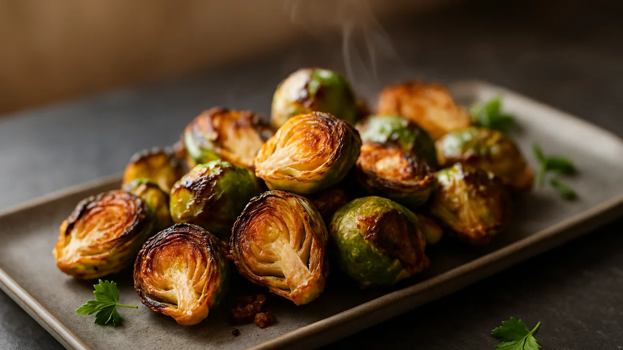 Rosenkohl knusprig geröstet aus dem Airfryer mit Rosenkohl, auf dunklem Schiefer angerichtet.