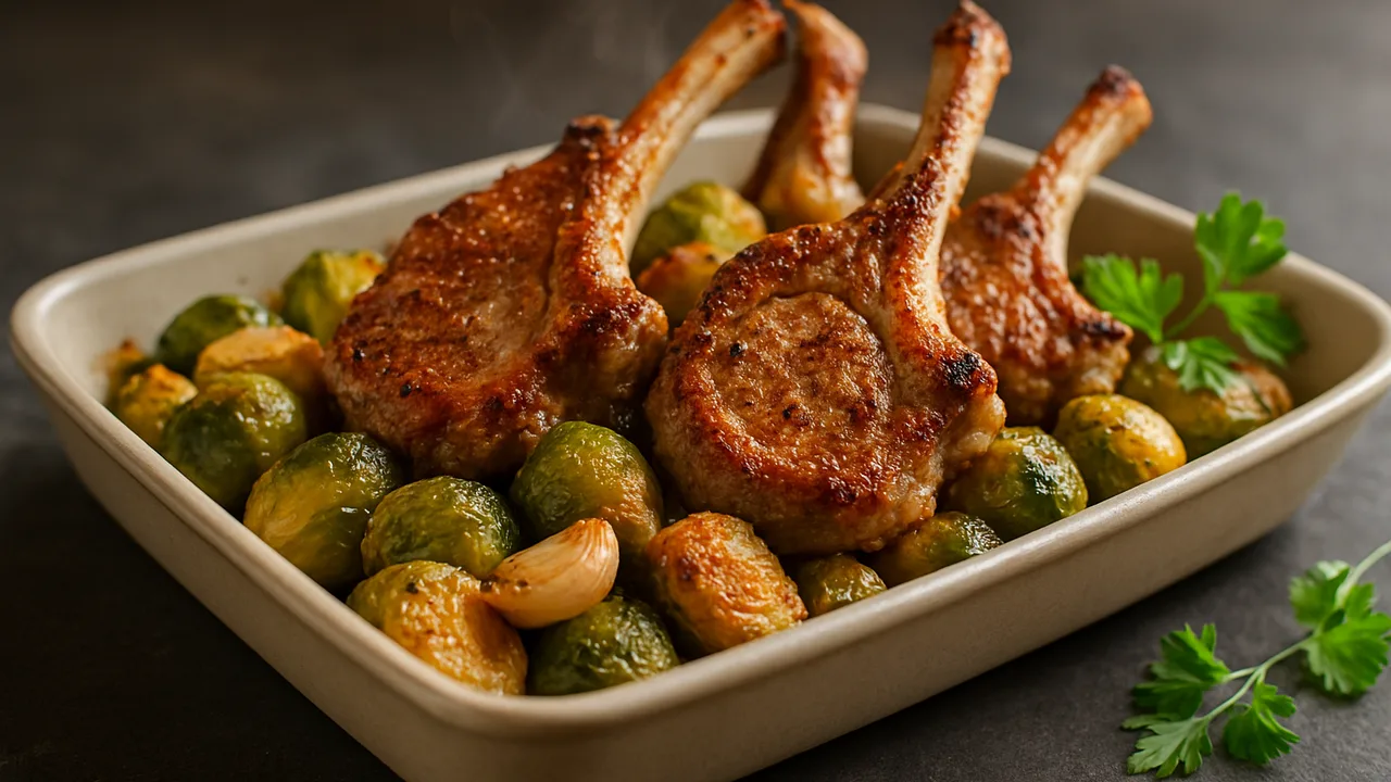 Rosenkohl-Lammkotelett Auflauf aus dem Airfryer mit Lammkoteletts und Rosenkohl, auf dunklem Schiefer angerichtet.