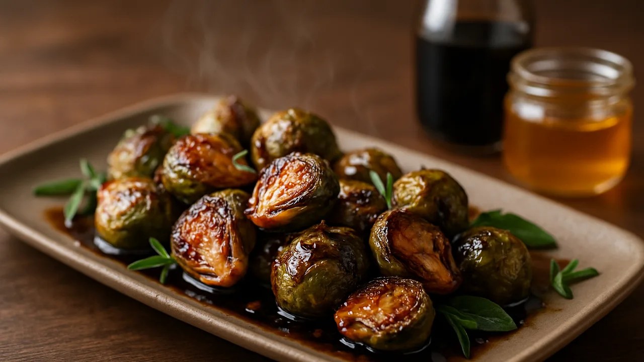 Rosenkohl mit Honig und Balsamico aus dem Airfryer mit Rosenkohl und Honig, auf dunklem Walnussholz angerichtet.