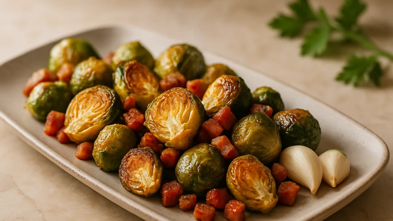 Rosenkohl mit Speck aus dem Airfryer mit Rosenkohl und Speckwürfel, auf beigem Marmor angerichtet.