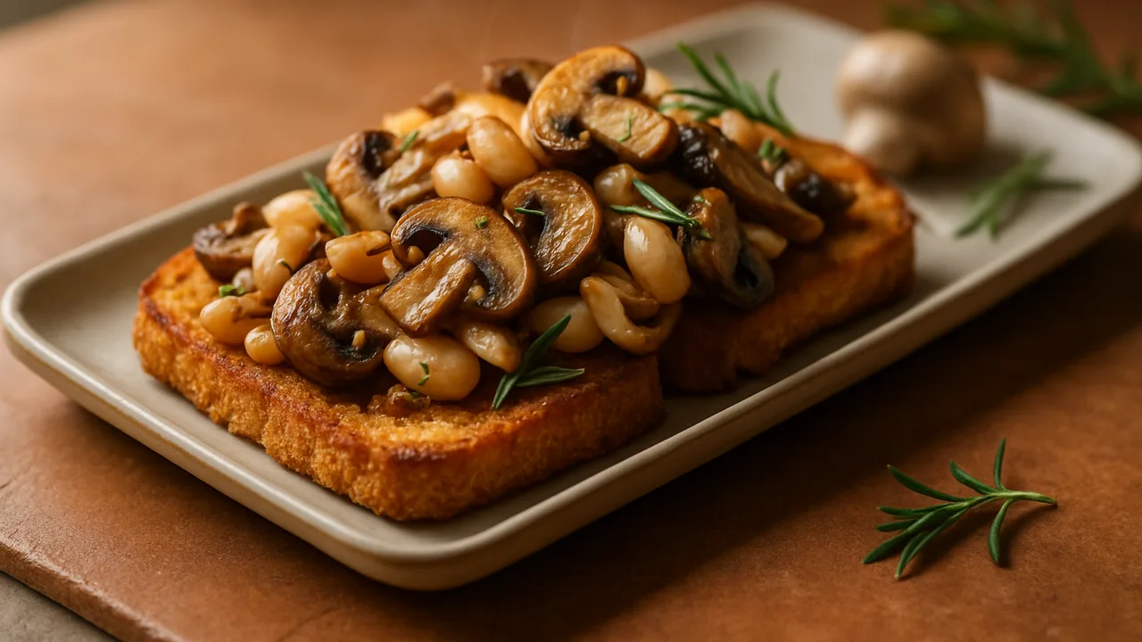 Rosmarin-Champignons-Weiße Bohnen-Röstchen aus dem Airfryer mit Champignons und Weiße Bohnen, auf Terracotta-Fliesen …