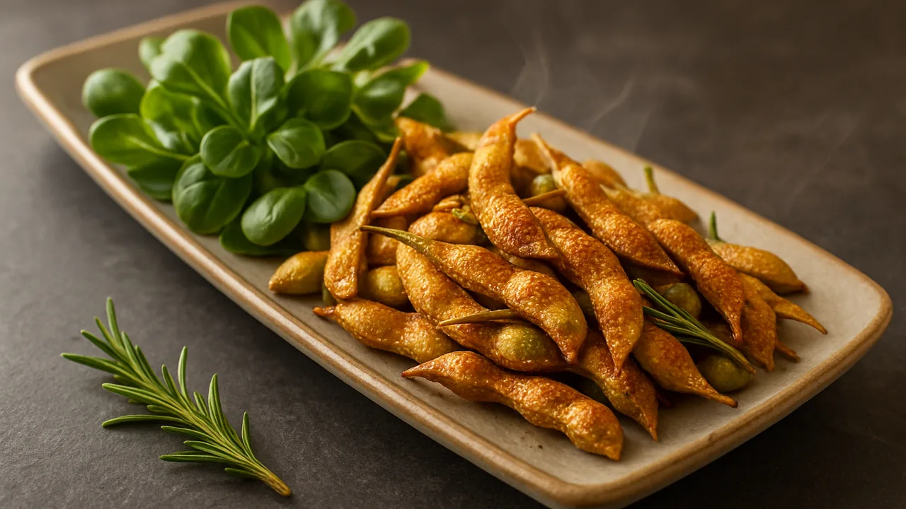 Rosmarin-Edamame mit Feldsalat aus dem Airfryer mit Edamame und Rosmarin, auf dunklem Schiefer angerichtet.
