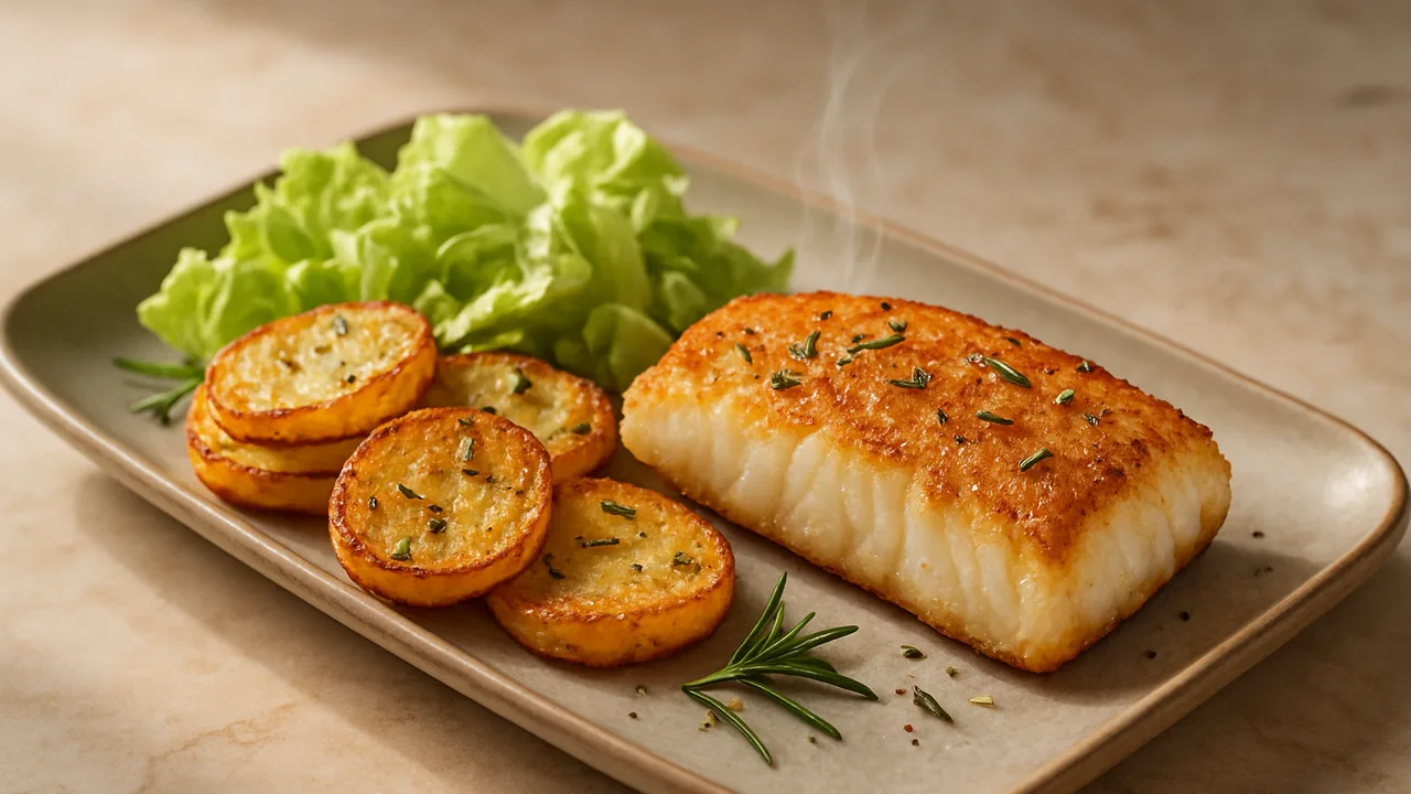 Rosmarin-Eisbergsalat-Kabeljau-Röstchen aus dem Airfryer mit Kabeljaufilet und Kartoffeln, auf beigem Marmor angerichtet.
