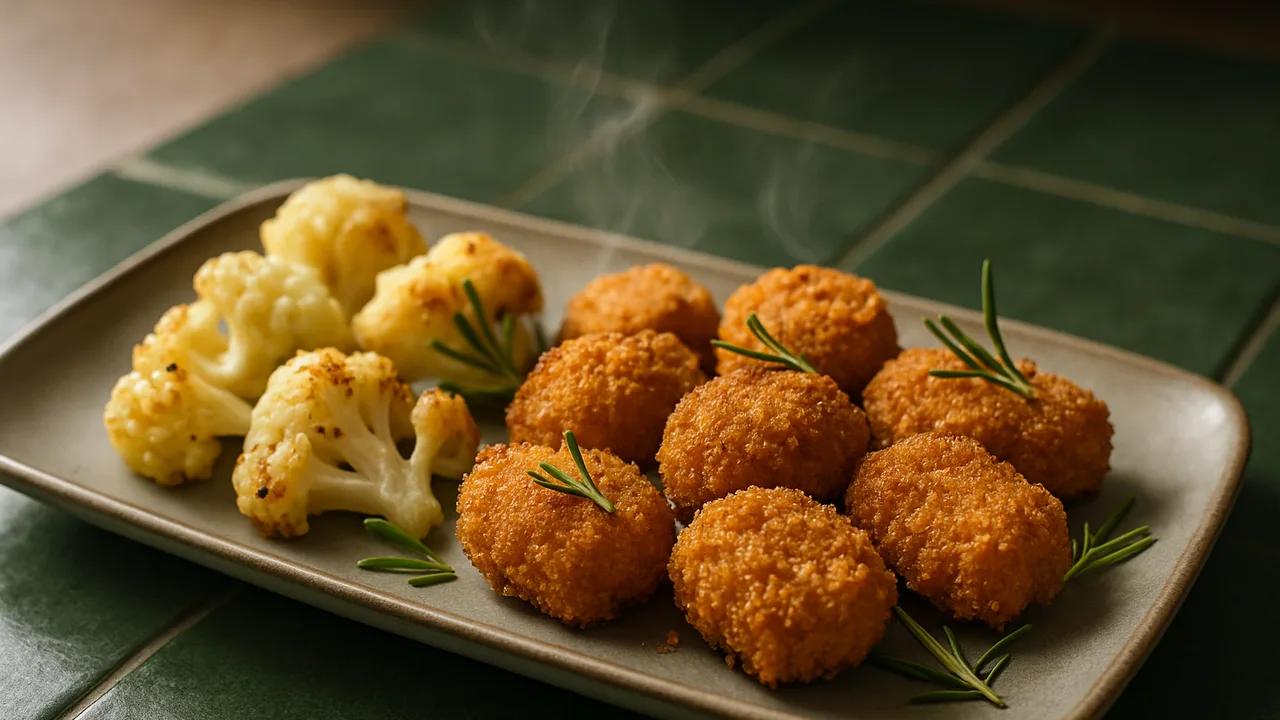Rosmarin-Entenbrust Nuggets mit Blumenkohl aus dem Airfryer mit Entenbrust und Blumenkohl, auf dunkelgrünen Fliesen …